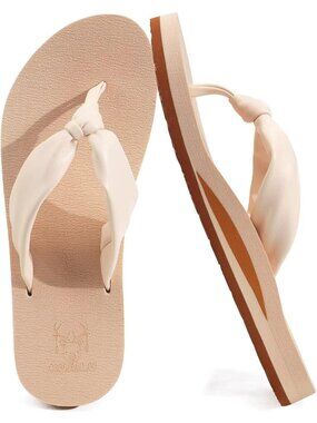 Women's Beige Faux Leather Summer Flip Flops With Arch Support Outdoor Slippers